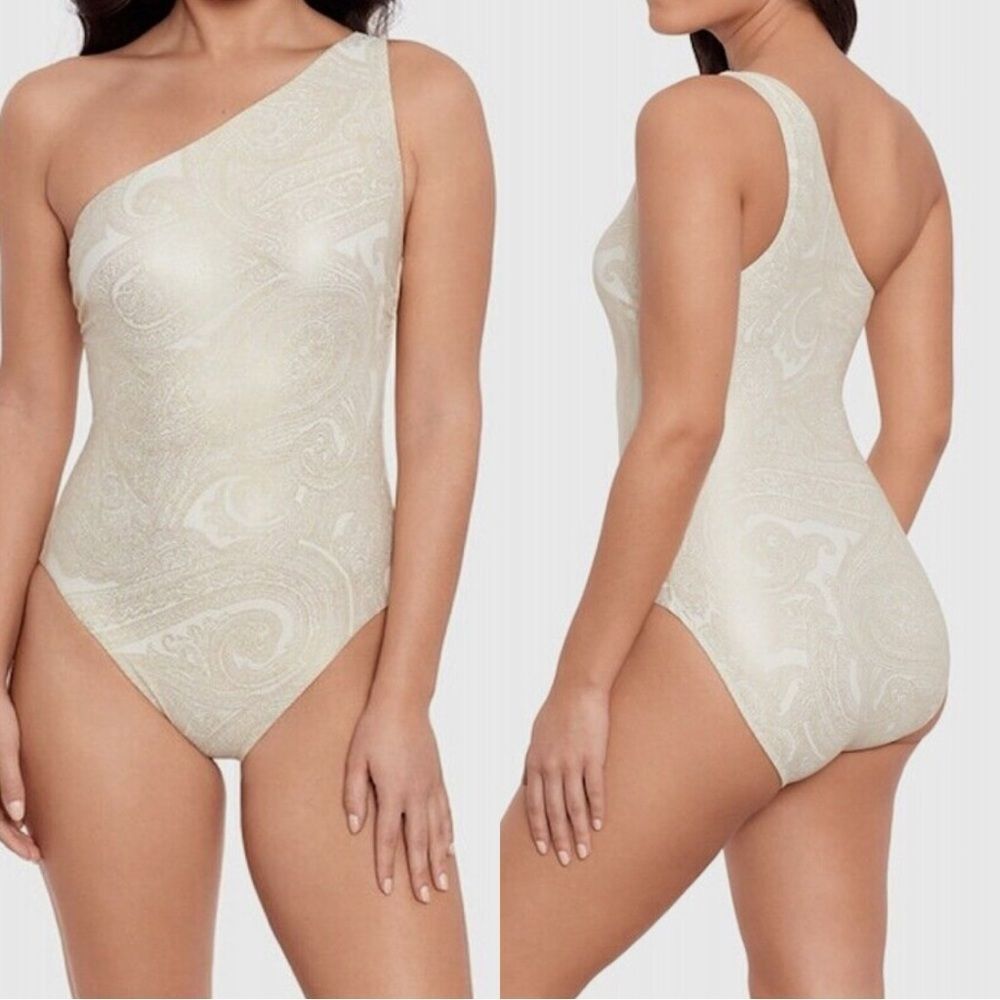 NWT Lauren Ralph Lauren Luxury Paisley One Shoulder One Piece Swimsuit GoldWhite